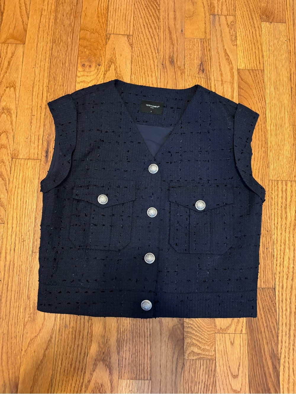 Sleeveless Navy Tweed Vest with Silver Buttons